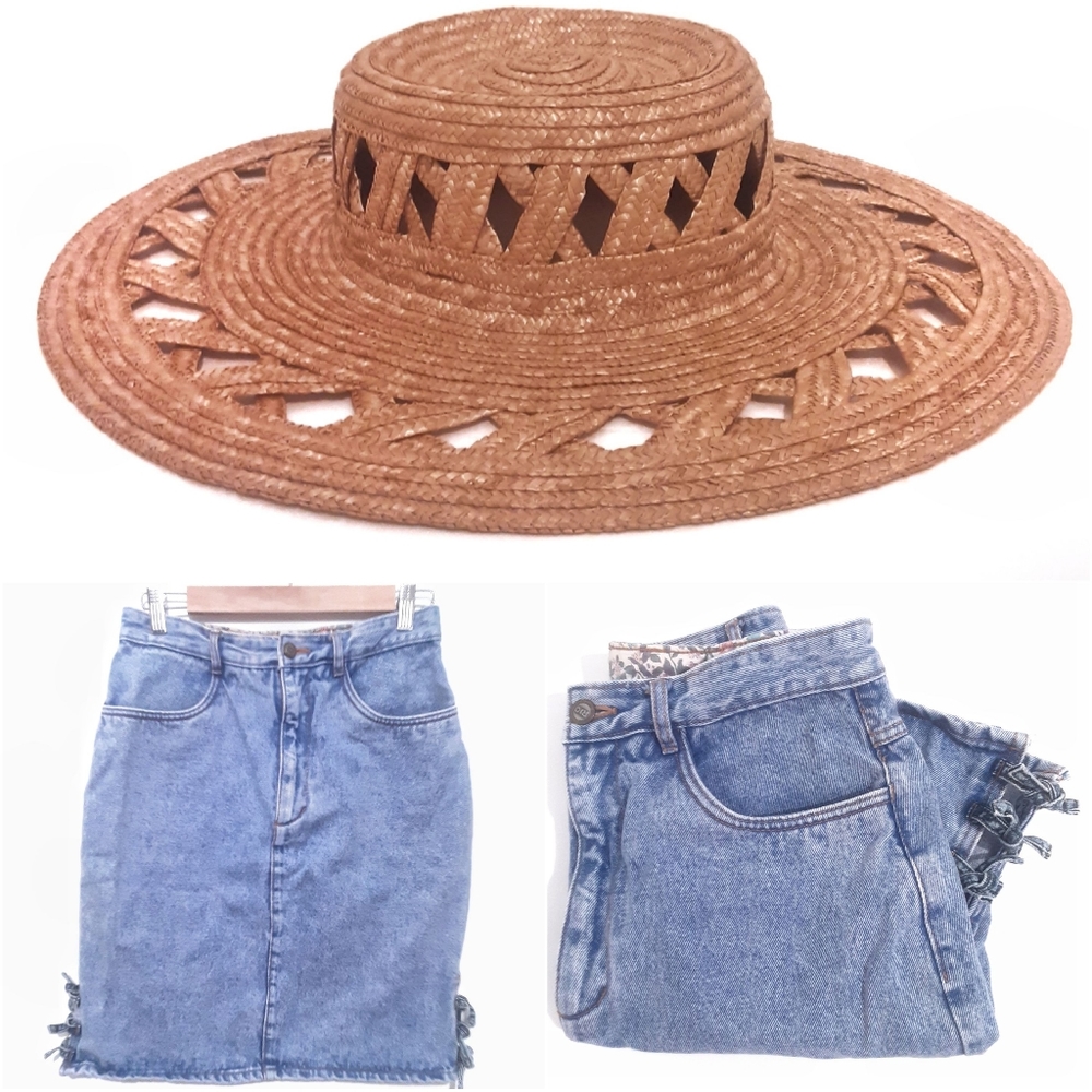 Straw hat and 80s vintage denim skirt